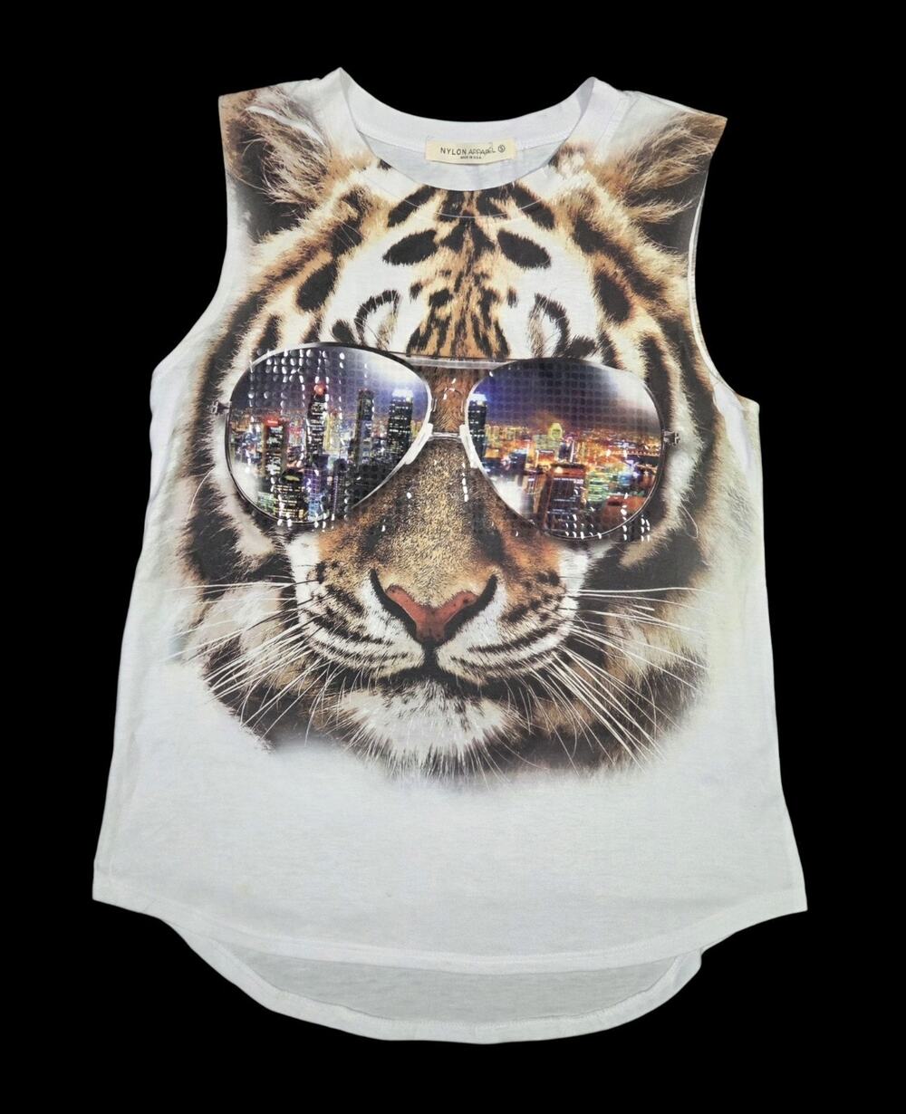 Nylon Apparel "Cool Cat" Tank Sunglasses Textured White Size Small Y2k Shirt USA